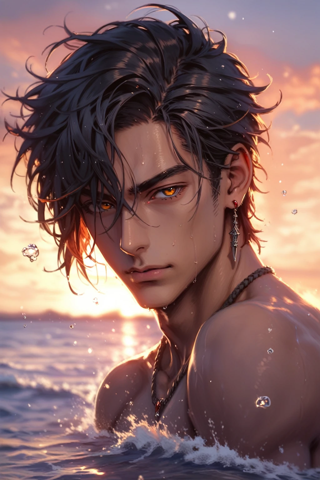 absurdities, High resolution, ultra detailed, HdR, masterpiece, realism, realist, 30 year old adult man, rasgos muy masculines, serious, Extremely detailed face and eyes, short straight hair, black hair, bushy eyebrows, fringe, fringe que cubre la frente, arrogant look, expressive orange eyes, naked in the water, slanted eyes, rasgos masculines, detailed eyes, LOOKING AT THE SPECTATOR, 1 man, White skin, sexy, arched eyebrows, masculine, red clothes with fur coat, Fire Background, red earrings, Red Jewelry, Wizard's Medallion, tidy hair, Complete plan, beefy chest, realism magico, masculine, vibrant colors, Fotorrealist, 8k, Best Quality, High resolution, cinematic lighting, intricate details, Fire Background, Sherlock Holmes and Mongolian style, ultra detailed, 8k, realist.