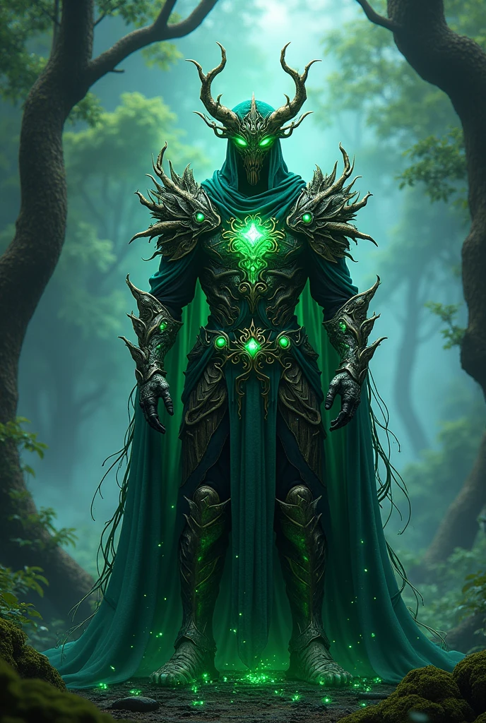 An ultra-high definition 8K wallpaper featuring a medium shot of Grim, portrayed as a mystical forest guardian. Grim is clad in intricately detailed, nature-infused armor made of twisted vines, ancient bark, and glowing emeralds. The scene is illuminated by ethereal beams of moonlight filtering through the dense canopy, highlighting the organic textures of the armor. The background showcases an enchanted forest, alive with bioluminescent plants, swirling mist, and ancient, towering trees. The image boasts intricate details, a magical fantasy theme, and rich, harmonious colors of deep green, sapphire blue, and soft silver, contributing to an overall sense of otherworldly power and natural mystique