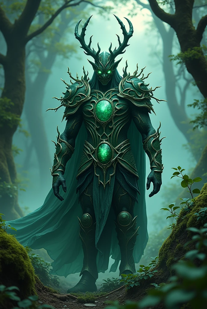 An ultra-high definition 8K wallpaper featuring a medium shot of Grim, portrayed as a mystical forest guardian. Grim is clad in intricately detailed, nature-infused armor made of twisted vines, ancient bark, and glowing emeralds. The scene is illuminated by ethereal beams of moonlight filtering through the dense canopy, highlighting the organic textures of the armor. The background showcases an enchanted forest, alive with bioluminescent plants, swirling mist, and ancient, towering trees. The image boasts intricate details, a magical fantasy theme, and rich, harmonious colors of deep green, sapphire blue, and soft silver, contributing to an overall sense of otherworldly power and natural mystique