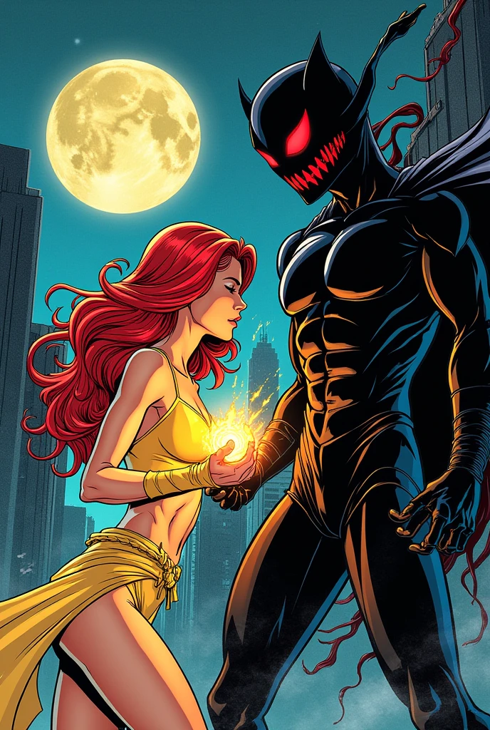 Generate an image of a comic book cover in the style of the 80s, where the superhero is a woman and her power is light and her hair color is red, and the villain is darkness, that the name of the comic comes out above that is light and shadow in English