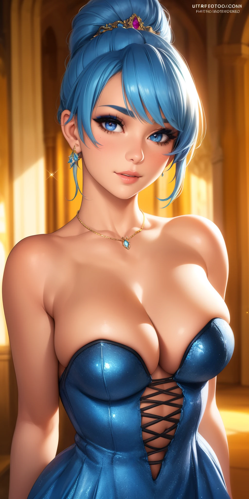 (best quality, ultra-detailed, photorealistic: 1.39), bright and vibrant colors, studio lighting, romantic expression, An effeminate girl, with a delicate and beautiful face. has a thin body, but well designed, your skin is white and very pale. her hair is beautiful necklace, sparkling navy blue hair up, likes to wear makeup, ((Wear a black)), outfit emocore, fuzzy, sexy, beautiful beautiful princess dress, crystal clear dress, strap, neckline, tanned skin, on the castle stairs, going down