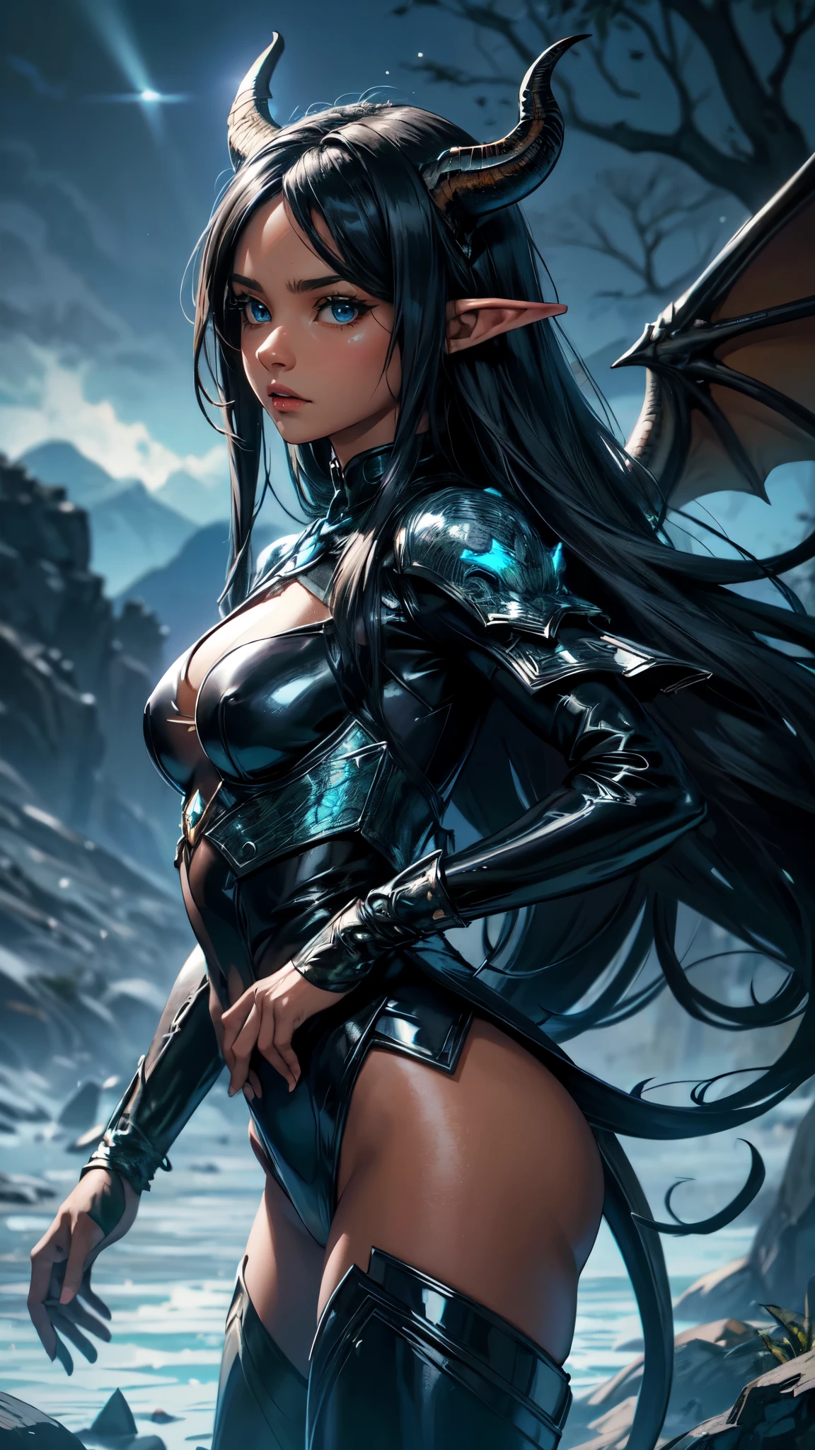 Demi-human, half human, half dragon, horns on head, wings on back, long hair white, blue eyes, dark skin, caramel-colored skin, black outfit, dark tone outfit colors, dragon tail, tail, scales on the skin, skin scales, scales, dragon man, dragon, night background, woods background, trees, rocks on ground and grass, male,xy pose,detailed face, detailed eyes, detailed hands, elf woman,wet, mil all over her SeaArt Bot Upsc