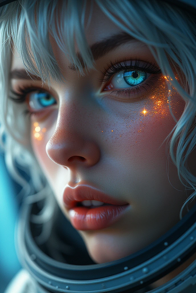 (Close-up of a better masterpiece: 1.5) 0.9], (Space and astronauts: 1.2) (Disheveled silver hair: 1.1) (Xanthochromia heterochromia and blue eyes: 1.pace helmet: 1.0) (colorful stars in the eyes: 1.0) (A radiant glow: 1.1) (thick lips: 0.9)