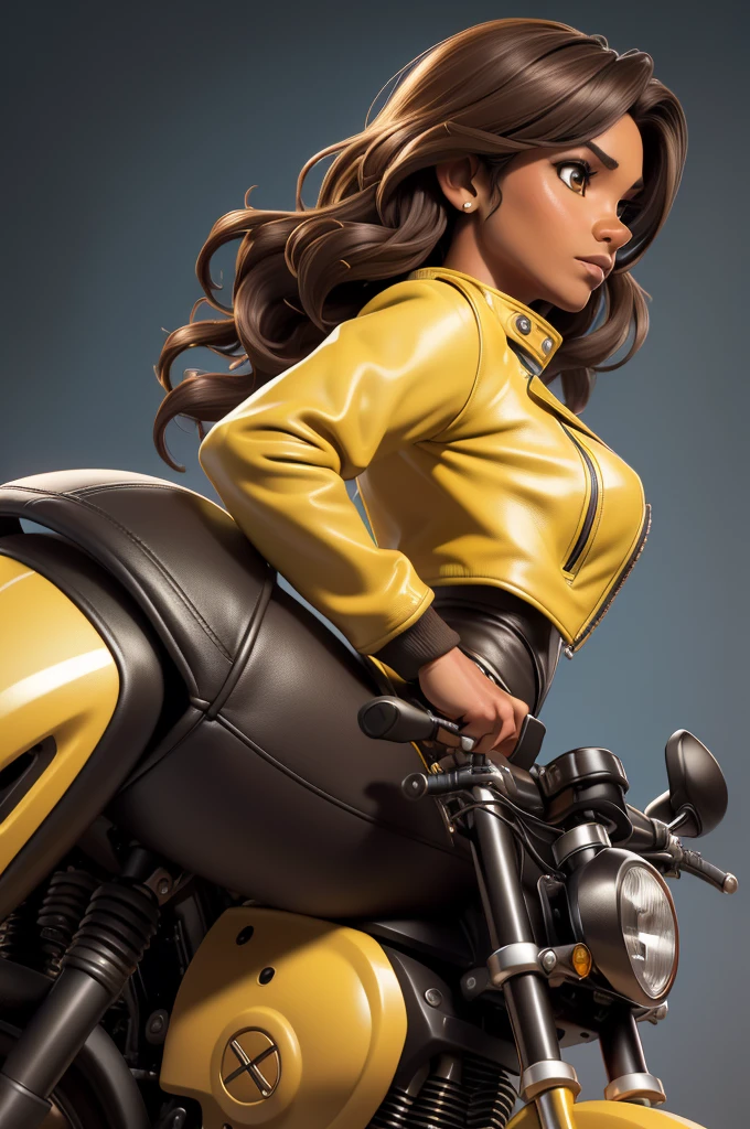 obra prima, melhor qualidade, ((only one woman,)) ((kristi noem, dark tan skin, dark brown wavy bob hair)) looking over shoulder at me, massive ????? cone tits, ((wearing metallic yellow leather biker moto jacket,)) ((jacket has padded shoulders, jacket has stiff high collar,)) (((wearing dark yellow leather pants,))) body is very skinny, arched back, ((riding motorcycle, extreme closeup view, side front view of upper body,)) shallow depth of field, highres, HD, 8k, anatomically correct