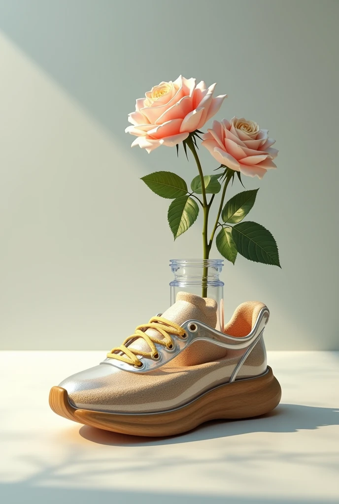 Crystal sports shoe with wooden soles, that a rose comes out inside and there is a vase with sand inside the shoe