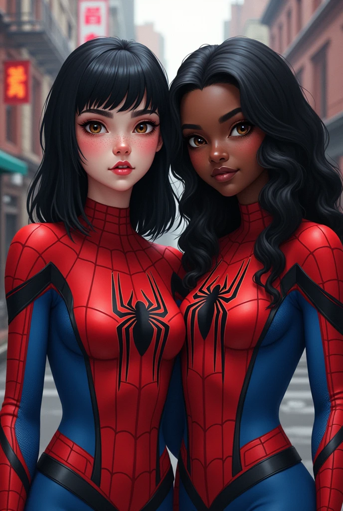 A realistic comic book style image
of the Marvel Universe. two women, a woman of , white skin and freckles on the face. Hair must be black, with bangs and shoulder length, Replicated. Brown eyes not so big and wearing the Spiderman suit. full mouth. The second woman with black skin, curly hair down to the back, nose not so big and not so small, small mouth, and dressed as Spiderman too.