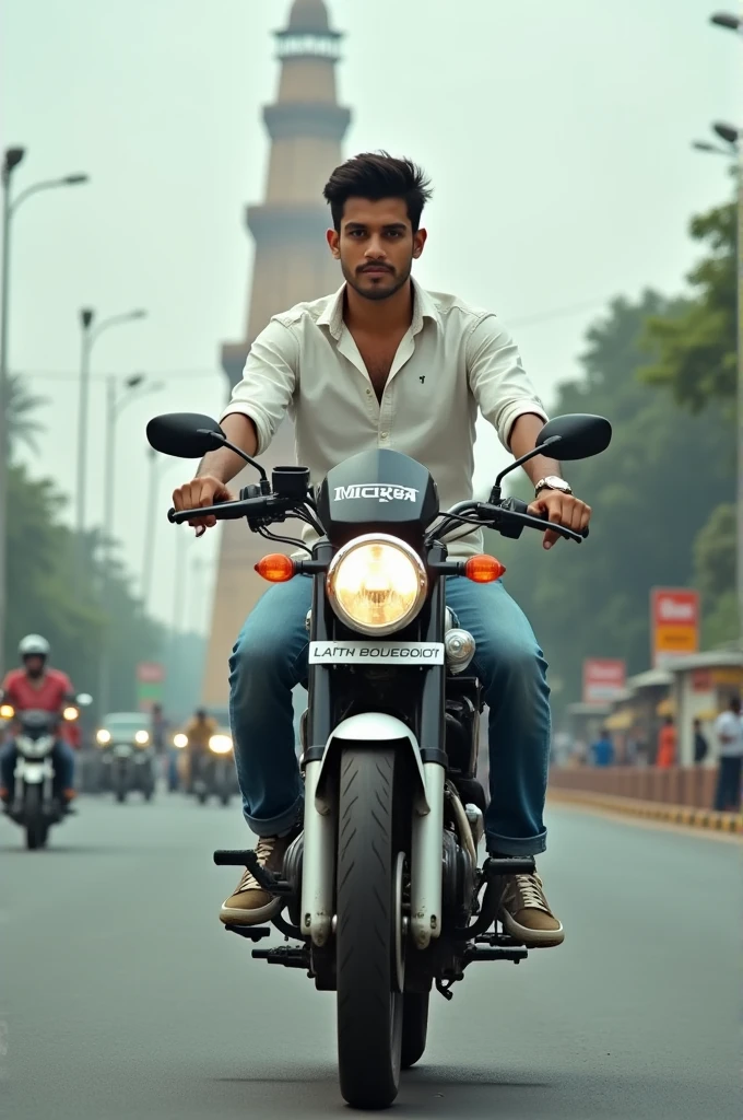 A real 25 years old men, Wearing white shirt blue jeans sneakers and the boy is riding a bike pulser 150 on the road  and behind him is the charminar hyderbad. Create Realistic image high quality