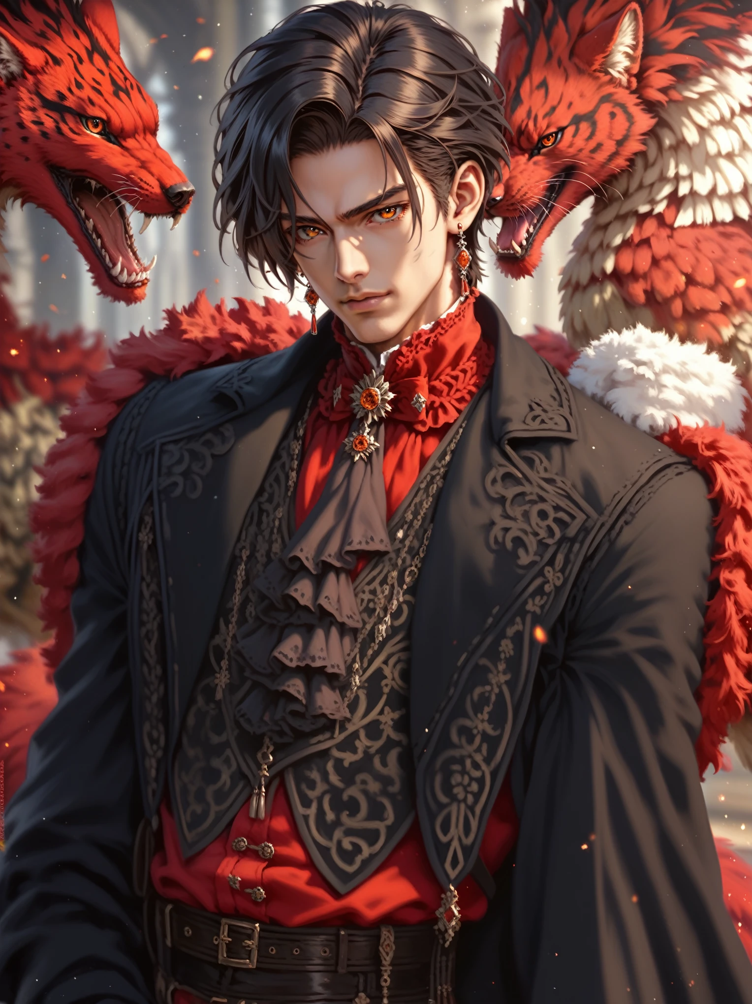 absurdities, High resolution, ultra detailed, HdR, masterpiece, realism, realist, 30 year old adult man, rasgos muy masculines, serious, Extremely detailed face and eyes, short straight hair, black hair, bushy eyebrows, fringe, fringe que cubre la frente, arrogant look, expressive orange eyes, rasgos masculines, detailed eyes, LOOKING AT THE SPECTATOR, 1 man, Victorian style clothing, Red clothes, White skin, red fur coat, arched eyebrows, masculine, Red clothes con abrigo de piel, Fire Background, red earrings, Red Jewelry, Wizard's Medallion, tidy hair, Complete plan, beefy chest, realism magico, masculine, men's clothing, vibrant colors, Fotorrealist, 8k, Best Quality, High resolution, cinematic lighting, intricate details, Fire Background, Mongolian style, ultra detailed, 8k, realist.