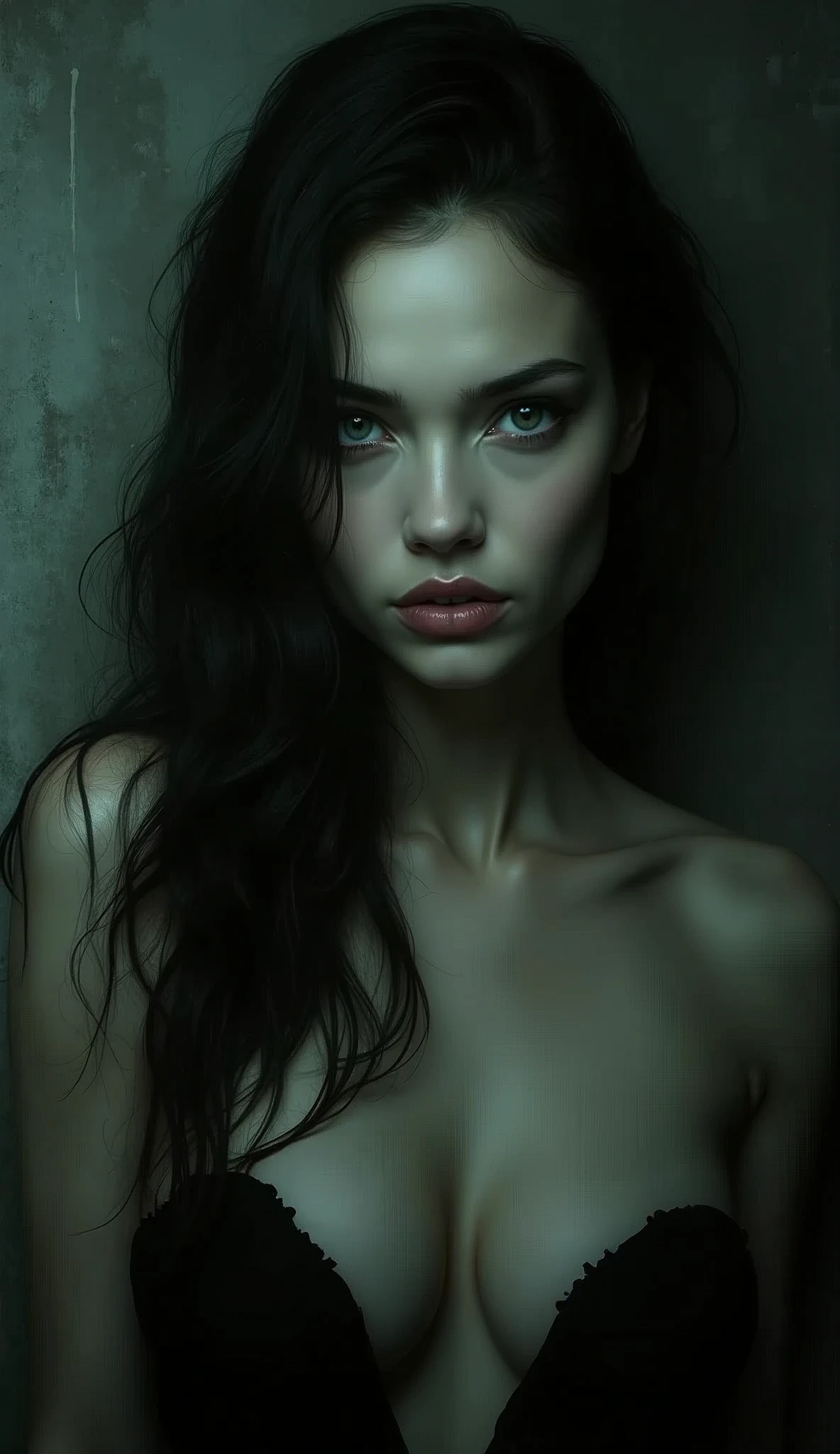 Horror-style woman, sexly, with a James Wan-style background