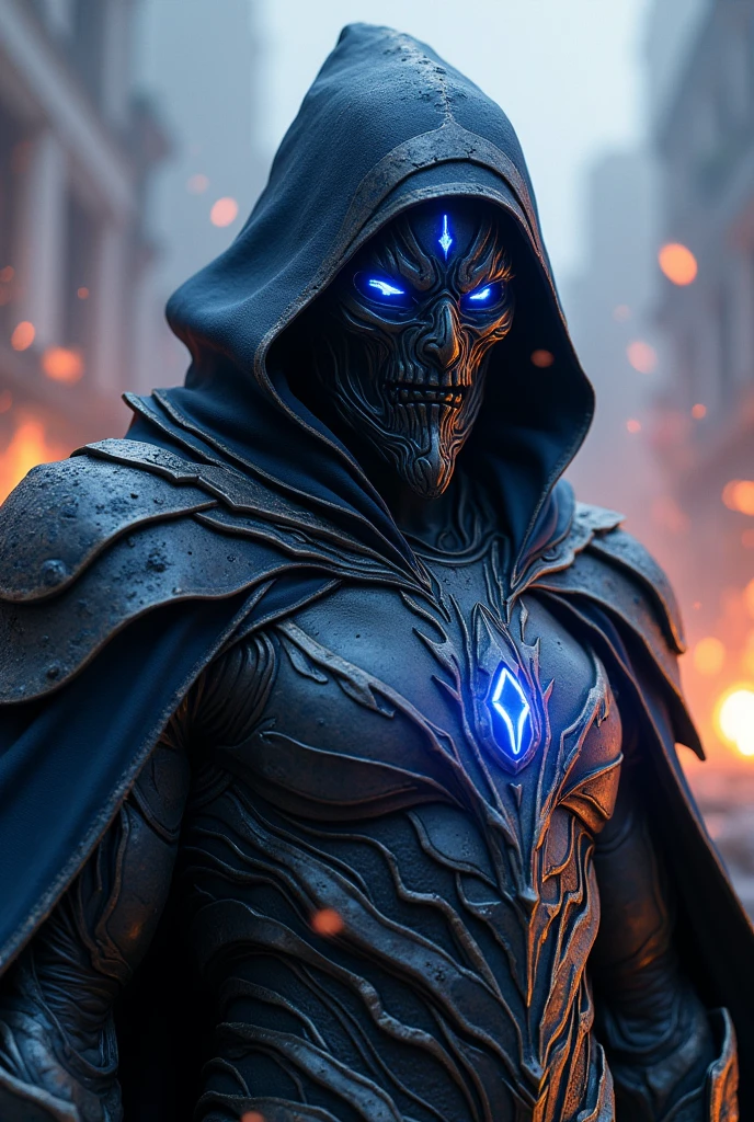 "An ultra-high definition 8K wallpaper featuring a close-up shot of Grim, portrayed as a terrifying masked krystal supervillain. Grim is clad in intricately textured, glowing armor made of ethereal space fog, reminiscent of Marvel's high-detail costumes. The scene is dramatically lit, highlighting the fine details of the armor. The background is filled with a chaotic scene of a colossal mud monster and destroyed buildings, creating a vivid, action-packed atmosphere. The image boasts intricate details, a dramatic theme, and an overall sense of intense, high-stakes conflict."