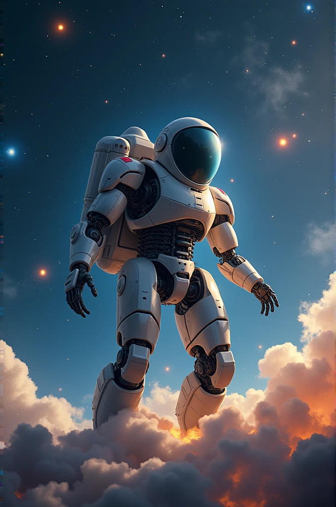 Imagine a robot in its spaceship launching into a rescue mission. It's in space, with stars, galaxies, etc.