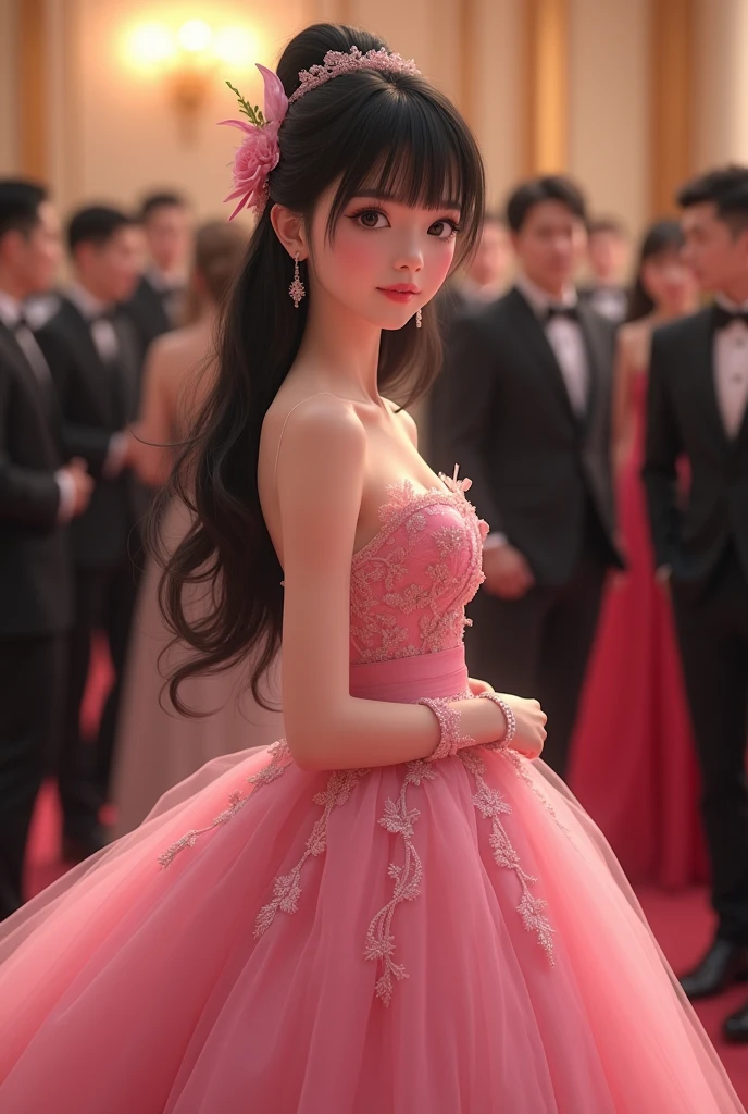 a debutante in a full, pink party dress, with long, straight black hair, dark almond-shaped eyes, fair skin, kawai