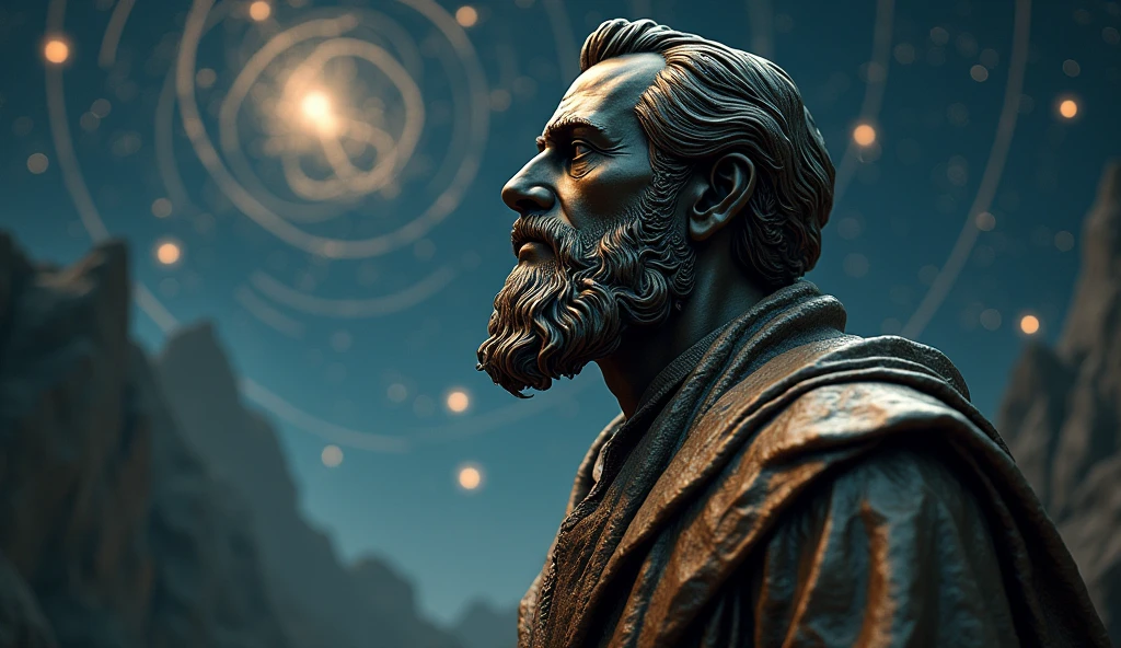 "A life-sized bronze statue of a philosopher in deep thought, set against a backdrop of a starry night sky and ancient constellations. The environment is filled with fractal patterns and cosmic energy, creating a sense of vastness and introspection. The composition is centered and highly detailed, with a strong focus on the philosopher’s contemplative posture, rendered in 8k with a cinematic and ethereal quality."



