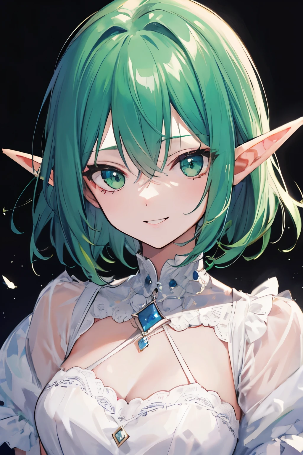 (masterpiece), best quality, BREAK, expressive eyes, (perfect face), 1woman, BREAK, (medium hair, green hair), BREAK, (green eyes, detailed eyes), BREAK, (elf ears), BREAK, (happy smile) BREAK, (medium heigh), BREAK, (white dress)