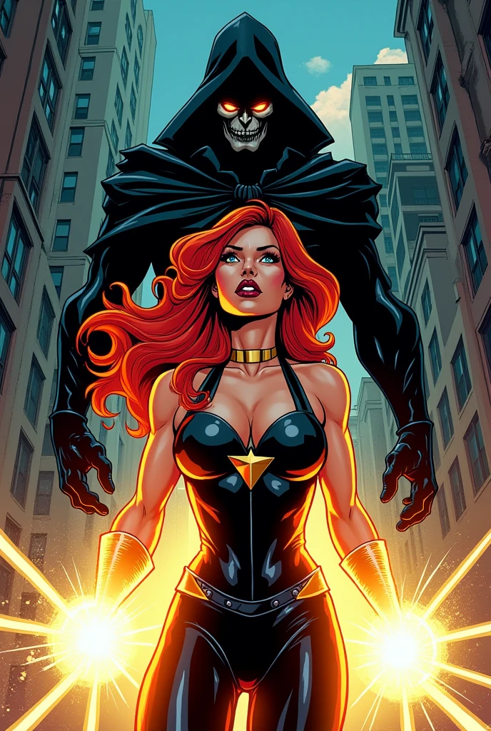 Generate an image of a comic book cover in the style of the 80s, where the superhero is a woman and her power is light and her hair color is red, and the villain is darkness, put the name of the comic on top which is light and shadow in english