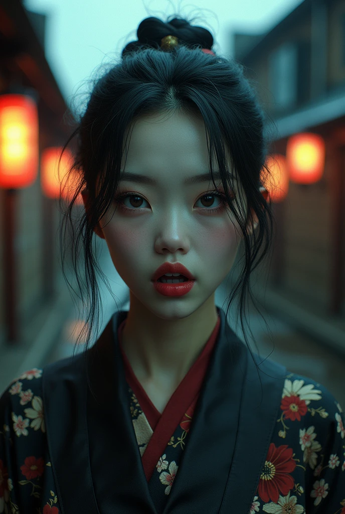 A slit-mouthed woman, extremely detailed, beautiful detailed eyes, beautiful detailed lips, extremely detailed face, long eyelashes, beautiful kimono, mysterious expression, Edo period, Japanese urban legend, photorealistic, 8K, masterpiece, ultra-detailed, (best quality:1.2), (realistic:1.37), (photo-realistic:1.37), cinematic lighting, moody lighting, dramatic shadows, muted color palette, traditional Japanese art style, highly detailed, hyper-realistic, film grain, cinematic composition