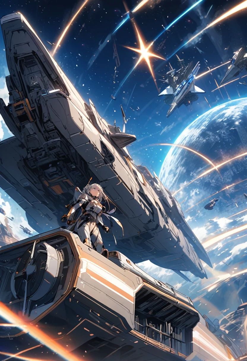 A victory scene in space with a giant spaceship in the background 
