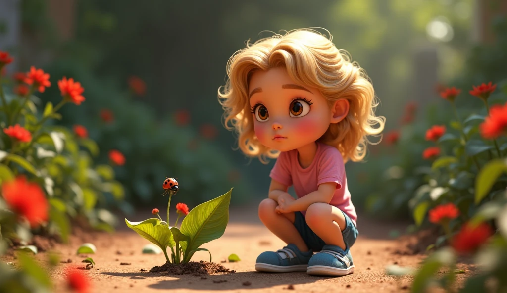 Princess Disney-style, high detailed, create a girl, 10 years old, with blonde curly hair, hazel eyes, wearing a light pink T-shirt, short jeans and blue shoes. She is kneeling beside a withered leaf, talking to a tiny ladybug perched on it. The ladybug is explaining that the water is missing, and the garden is suffering. The girl's expression is serious and determined, as she realizes she must help find the missing water. The garden around them is still dry and sad, with drooping flowers and brown leaves. 3D Illustration Animation, Pixar style.