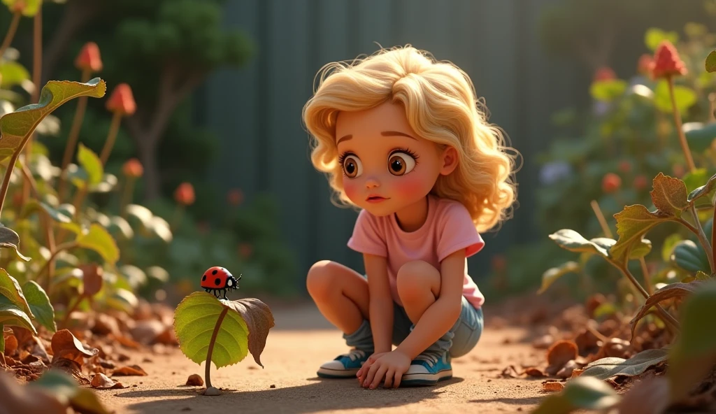 Princess Disney-style, high detailed, create a girl, 10 years old, with blonde curly hair, hazel eyes, wearing a light pink T-shirt, short jeans and blue shoes. She is kneeling beside a withered leaf, talking to a tiny ladybug perched on it. The ladybug is explaining that the water is missing, and the garden is suffering. The girl's expression is serious and determined, as she realizes she must help find the missing water. The garden around them is still dry and sad, with drooping flowers and brown leaves. 3D Illustration Animation, Pixar style.