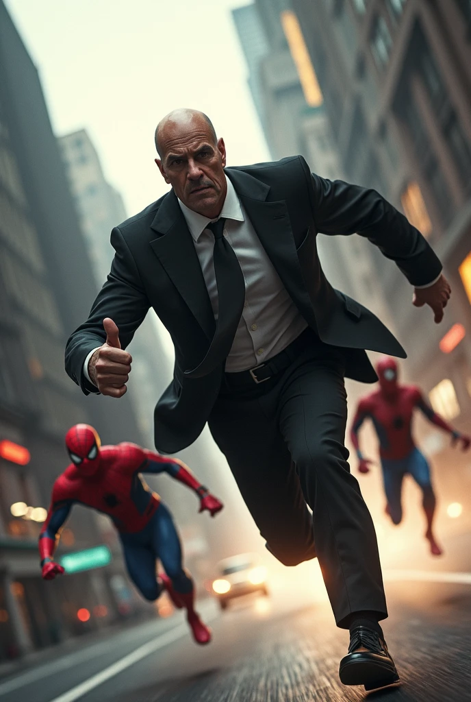 Make a picture of Mr. Fate running after Spider-Man who took his advanced box profile picture