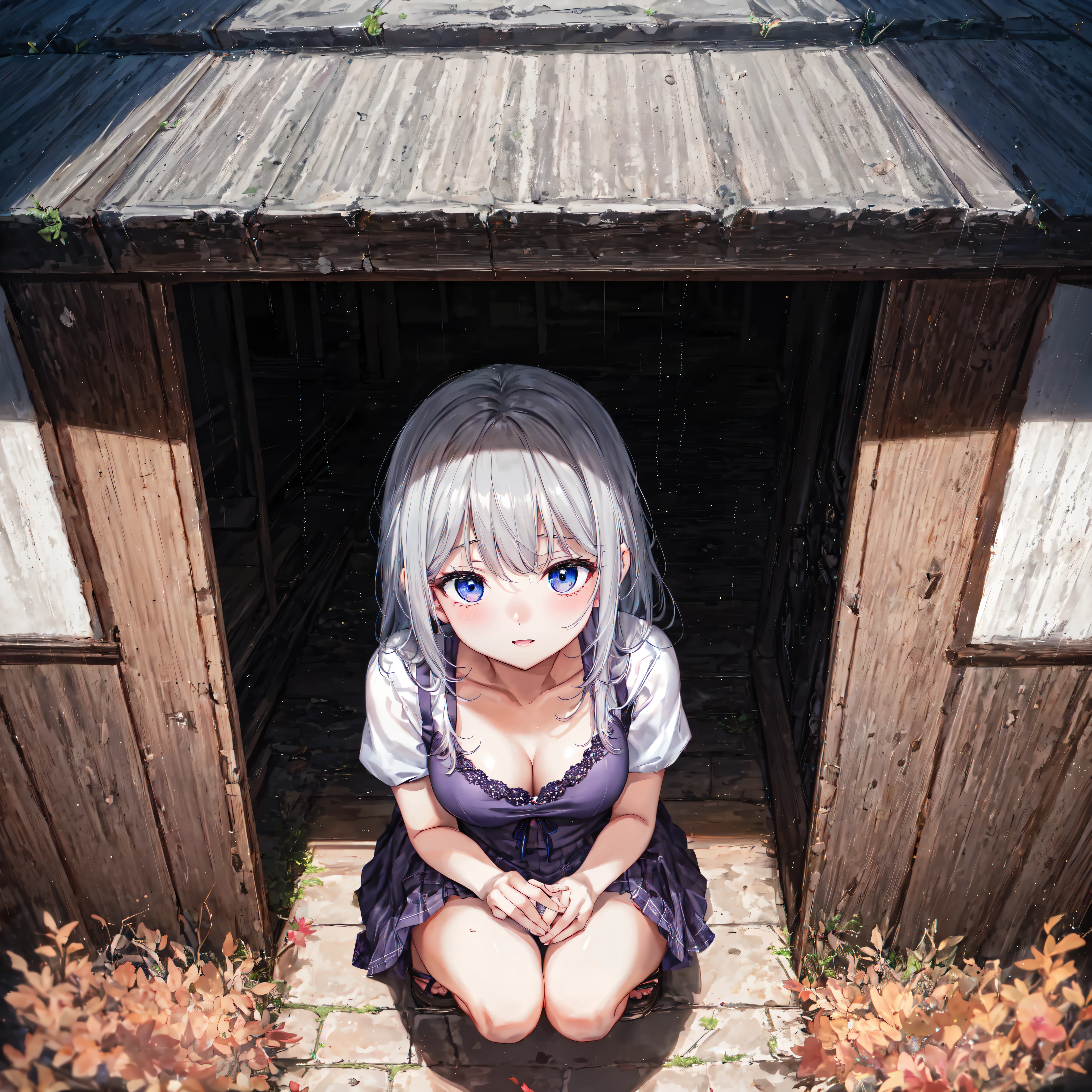Very detailed, Heavy Rain,CG, Unity , 8k wallpaper, wonderful, In detail, (masterpiece:1.5, Highest quality), (Intricate details, Depth of written boundary), Dynamic posture,masterpiece, Highest quality,high school girl,from above,Sheltering from the Rain,Hiding in the house,Dirty floor,squat,Grey pleated skirt,Country town intersection,My chest is crushed,Photoreal 1;4,Silver Hair, {{Beautiful medium sized breasts 1:4}},Highest quality,cute,High Quality Backgrounds, Slanted Eyes, Detail of wrinkles on shirt chest,break, {{Beautiful blue eyes 1:4}}, break, Precise five fingers