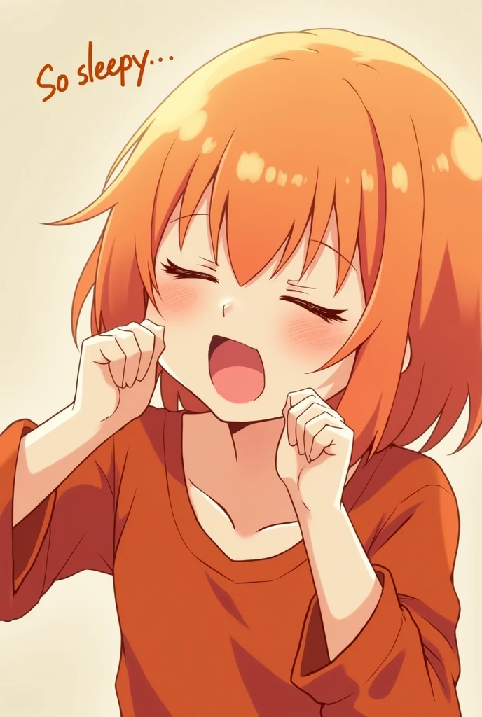 Beautiful anime girl, mặc trang phục deep orange, tóc deep orange, sleepy, Yawning and spreading out 5 fingers to cover her mouth. There is a line of text above " So sleepy..." deep orange