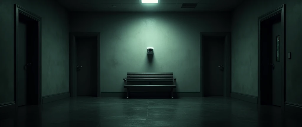 I want a realistic image of an office inside a dark and gloomy house. The image needs to be in first person (view as if the person was inside the room, looking straight ahead), with a bench and a camera monitor/Security in the middle, and two doors on the sides of the bench.