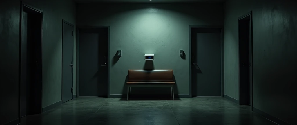 I want a realistic image of an office inside a dark and gloomy house. The image needs to be in first person (view as if the person was inside the room, looking straight ahead), with a bench and a camera monitor/Security in the middle, and two doors on the sides of the bench.