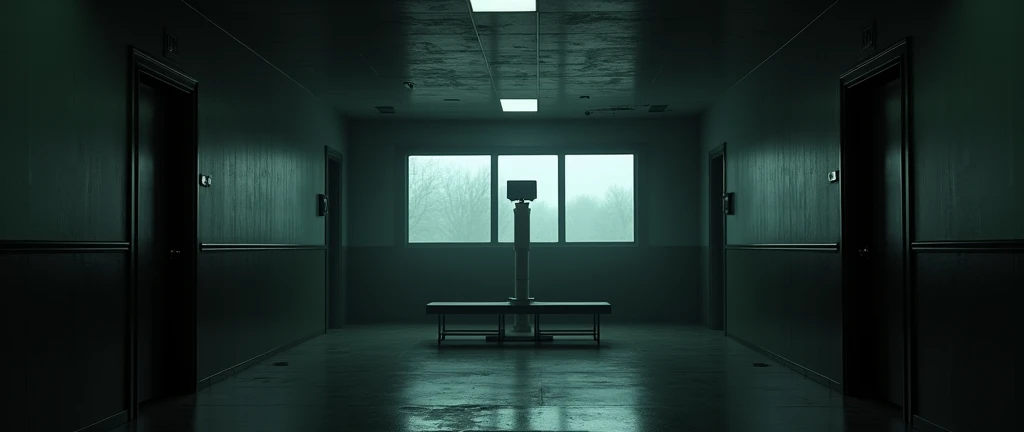I want a realistic image of an office inside a dark and gloomy house. The image needs to be in first person (view as if the person was inside the room, looking straight ahead), with a bench and a camera monitor/Security in the middle, and two doors on the sides of the bench.