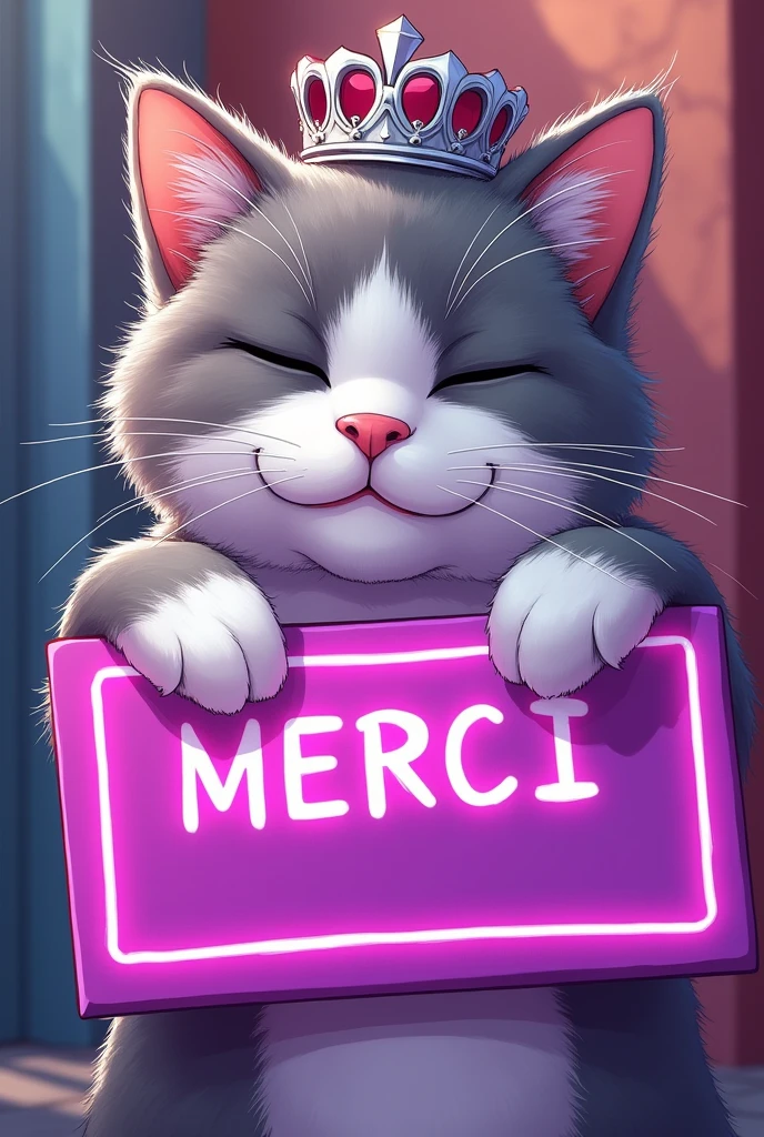 ICONE D un chat gris et blanc syberien qui fait un clin d oeil avec une couronne vraiment trop mignon en argent en dessin manga qui tient une pancarte entoure de neon violet avec écrit "MERCI" dessus VRAIMENT ACCENTUER SUR LE COTE DESSIN
