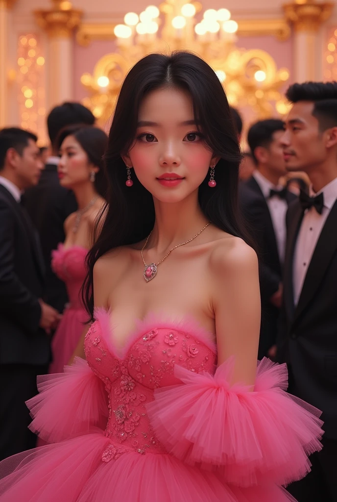 A debutante in a party dress with very full sleeves and in pink., with long, straight black hair, dark almond-shaped eyes, fair skin, kawai