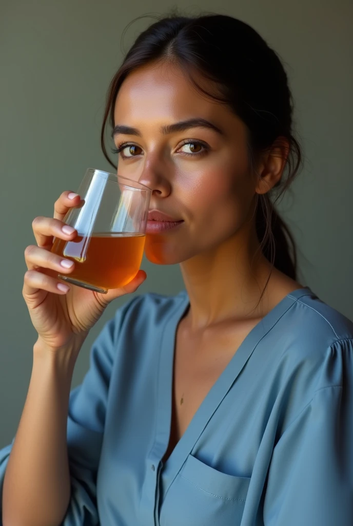 Latin woman without a sexualized appearance, in blue blouse, drinking cajuína, a typical drink from Piauí.