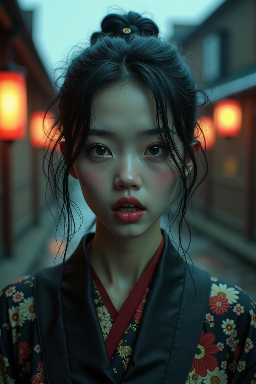 A slit-mouthed woman, extremely detailed, beautiful detailed eyes, beautiful detailed lips, extremely detailed face, long eyelashes, beautiful kimono, mysterious expression, Edo period, Japanese urban legend, photorealistic, 8K, masterpiece, ultra-detailed, (best quality:1.2), (realistic:1.37), (photo-realistic:1.37), cinematic lighting, moody lighting, dramatic shadows, muted color palette, traditional Japanese art style, highly detailed, hyper-realistic, film grain, cinematic composition