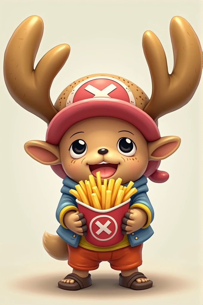 One Piece animated potato-horned Chopper with a cup of french fries