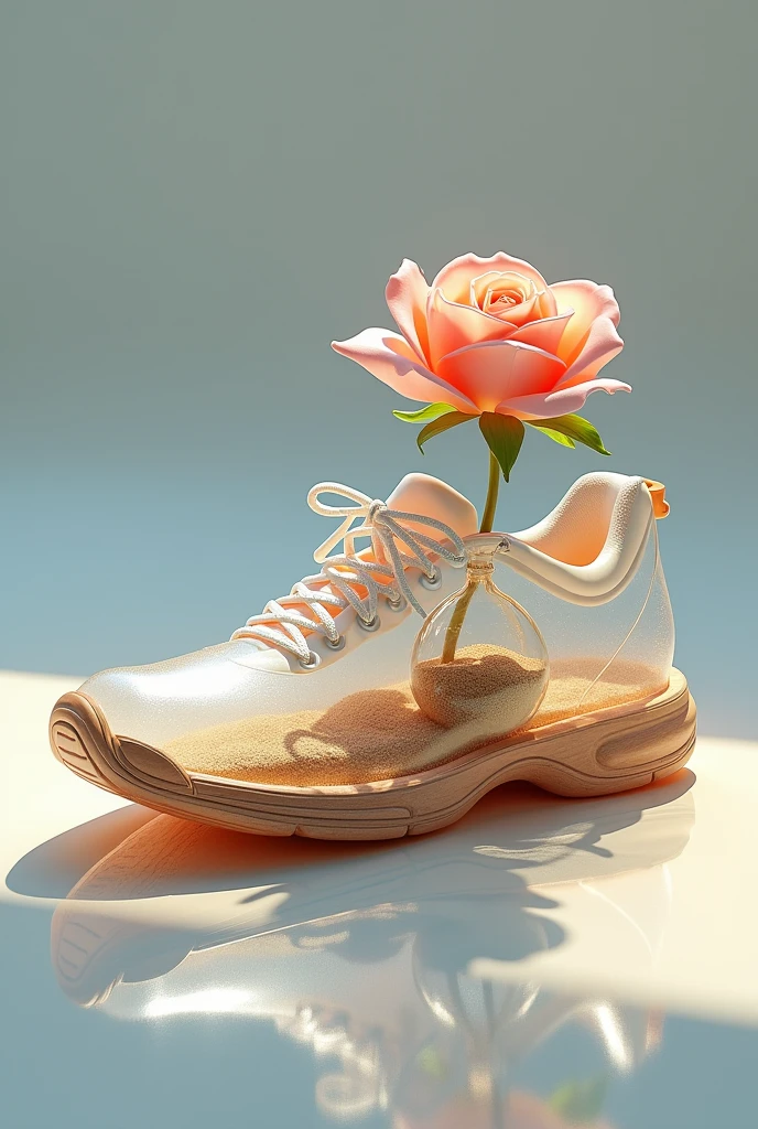 Crystal sports shoe with wooden soles, that a rose comes out inside and there is a vase with sand inside the shoe
