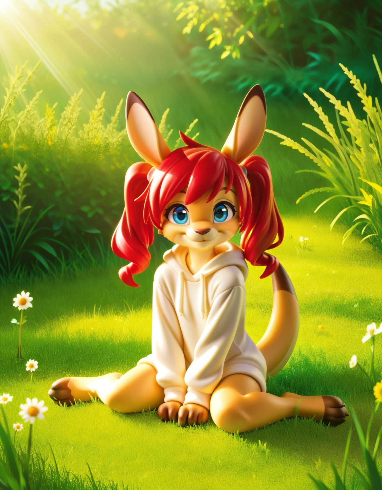 score_9, score_8_up, score_7, rating_ safe, source_furry, furry, camille_w, solo, red hair, twintails, blue eyes, hoodie, kangaroo tail, sitting, outdoors, grass, looking at viewer, smile, cute, sunlight, natural lighting, 