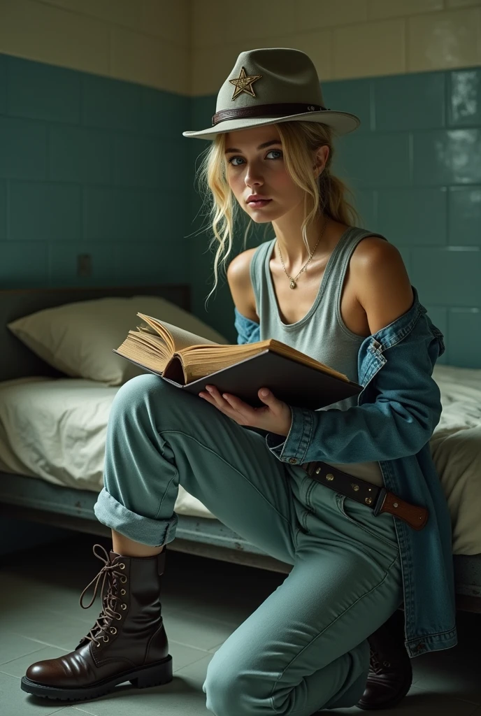 A 20-year-old woman sitting on a prison cell bed reading a book. she is blonde with blue eyes, They have a cute face., her hair is tied up, and she is thin. She wears a sleeveless shirt underneath a light denim jacket and also light denim pants with boots and a police sheriff hat., and a knife kept at his waist. real photografic, Close-up portrait.