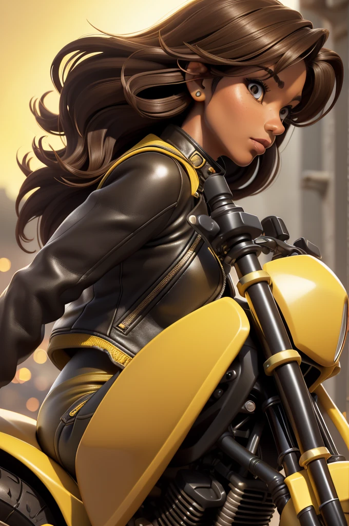 obra prima, melhor qualidade, ((only one woman,)) ((kristi noem, dark tan skin, dark brown wavy bob hair)) looking over shoulder at me, massive erect cone tits, ((wearing metallic yellow leather biker moto jacket,)) ((jacket has padded shoulders, jacket has stiff high collar,)) (((wearing dark yellow leather pants,))) body is very skinny, arched back, ((riding motorcycle, extreme closeup view, side front view of upper body,)) shallow depth of field, highres, HD, 8k, anatomically correct