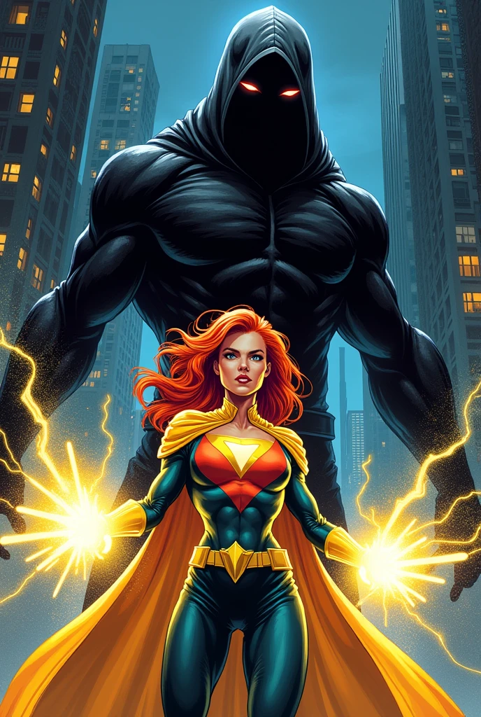 Generate an image of a comic book cover in the style of the 80s, where the superhero is a woman and her power is light and her hair color is red, and the villain is darkness, The name of the comic is Light and Shadow in English