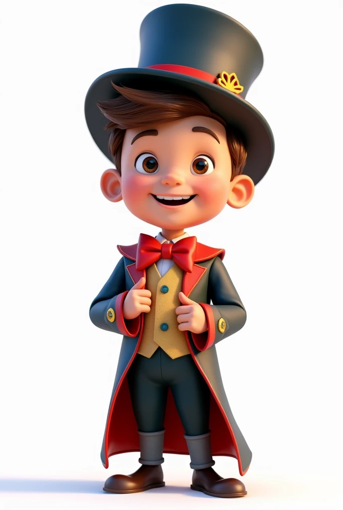 A happy and cute boy with short brown hair, wearing a magician's costume, white background, Pixar-style, 3d, Cartoon s, face detailed, asymmetric 