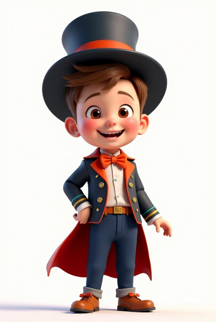 A happy and cute boy with short brown hair, wearing a magician's costume, white background, Pixar-style, 3d, Cartoon s, face detailed, asymmetric
