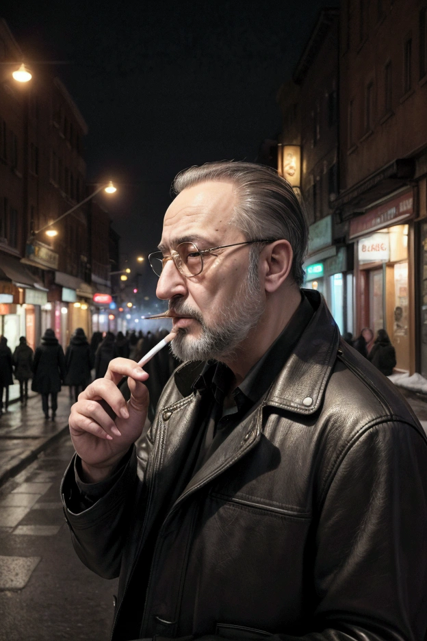 Highest quality, masterpiece, Ultra-high resolution, hard boiled,Late night city,５０Old Man,Lots of beards,Smoking a short cigarette,Jean Reno,cyber punk,Neon Town,wearing a black coat,Original photo,it&#39;s snowing,There is a sigh,Supermodel,walk through the streets of new york,Side shot,