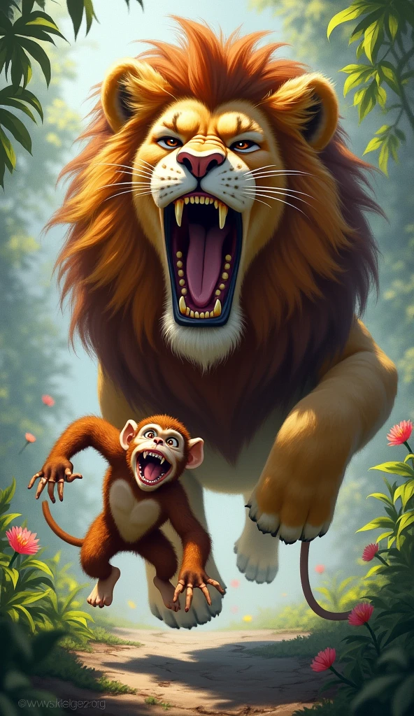 The lion roars so loudly, “Roar!” he’ll say to you,
And the monkey jumps and giggles, “Ooh-ooh!” and “Ah-ah!” too.