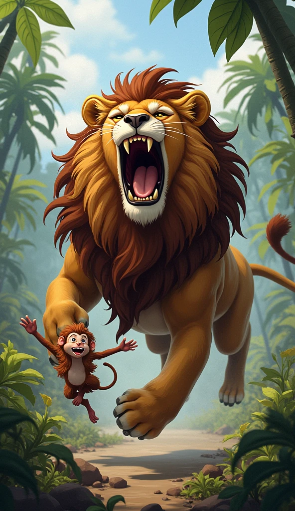 The lion roars so loudly, “Roar!” he’ll say to you,
And the monkey jumps and giggles, “Ooh-ooh!” and “Ah-ah!” too.