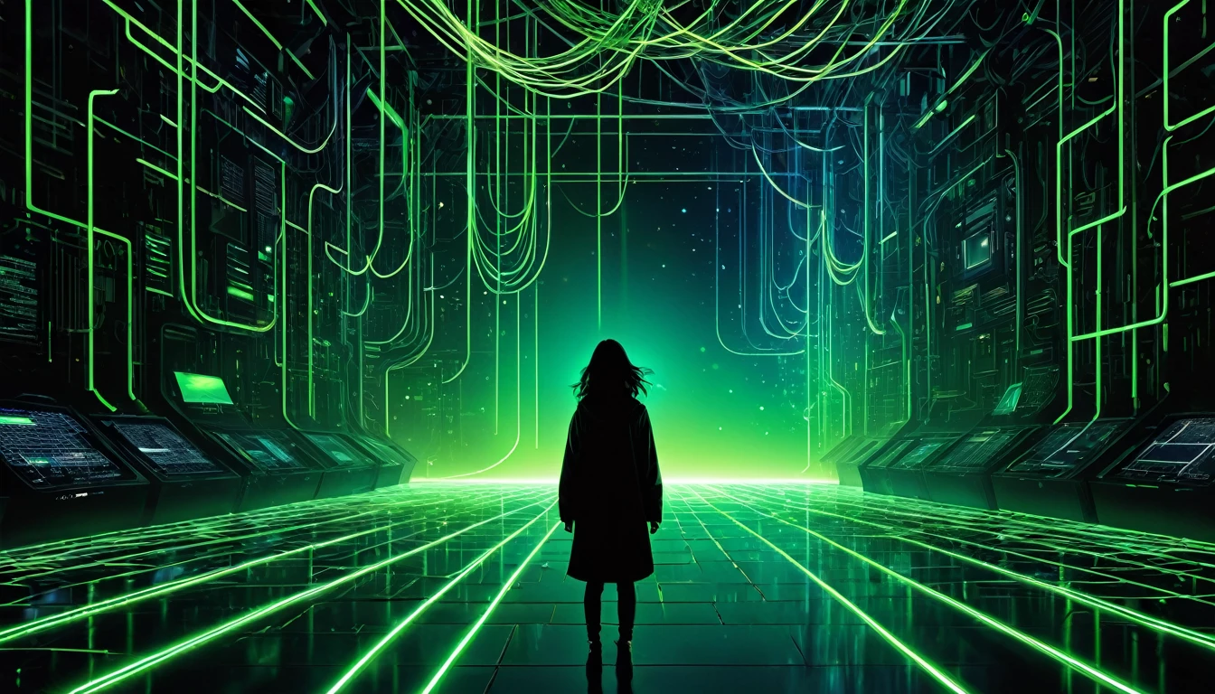 Binary Abyss - very modern style, technologic , green hacker style 

[Verse]
Lost in signals static noise
One and zero endless choice
Data flows through tangled wire
In this digital empire    

[Verse 2]
Pixel dreams in glowing screens
Hollow echoes cold machines
Coded whispers fill the night
Neon shadows steal the light

[Chorus]
Binary abyss we fall
In this world we're ones and all
Lost in bits and bytes confined
Searching for what we can't find

[Verse 3]

Electric pulses redefined
Human touch to algorithm
In this strange space we’re driven

[Verse 4]
Through the dark we're guided still
With electric dreams to fill
Hope in every megabyte
Chasing ghosts of digital light

[Chorus]
Binary abyss we fall
In this world we're ones and all
Lost in bits and bytes confined
Searching for what we can't find