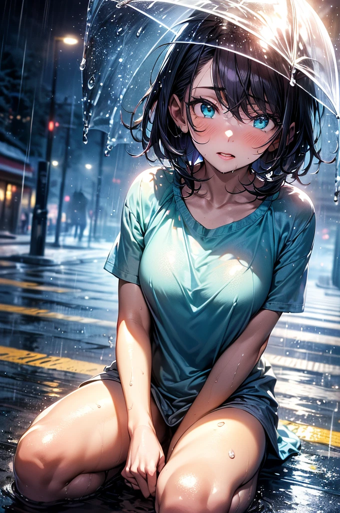 (amazing detail, amazing eyes masterpiece, best quality:2.0, depth of field hdr 8k 4k wallpaper cinematic angle, cinematic lighting:1.5), (master quality, amazing detail, amazing eyes), 1girl, out at night in the pouring rain wearing nothing but her teal-coloured pyjama top, pyjama top is coloured teal, extremely detailed purple eyes, depressed expression, extreme detail, sat on the ground with her knees up, cuddling her knees, short purple hair, -yeld, yg woman, outside, very small B-cup breasts, lots of raindrops, heavy rain, soaking wet, sat cradled on the ground, huddled, dark, very dark night, only light source is a street light, naked, teal clothing,