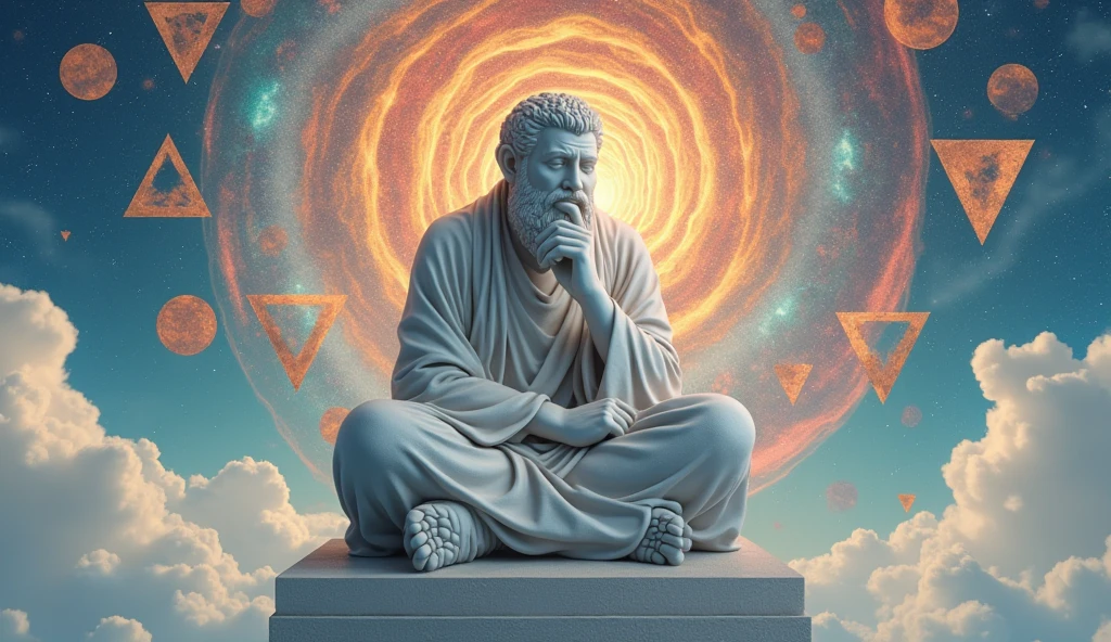 "A marble statue of a philosopher in a meditative pose, surrounded by floating geometric shapes and mystical symbols. The background is a vast, open sky filled with vibrant colors and fractal details. The composition is balanced and centered, with a focus on the philosopher’s serene expression. The scene is otherworldly yet grounded in wisdom, rendered with high detail in 8k using advanced rendering techniques."
