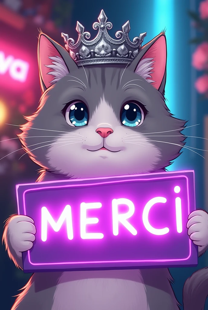 ICONE D un chat gris et blanc syberien qui fait un clin d oeil avec une couronne vraiment trop mignon en argent en dessin manga qui tient une pancarte entoure de neon violet avec écrit "MERCI" dessus VRAIMENT ACCENTUER SUR LE COTE DESSIN ANIME KWAY