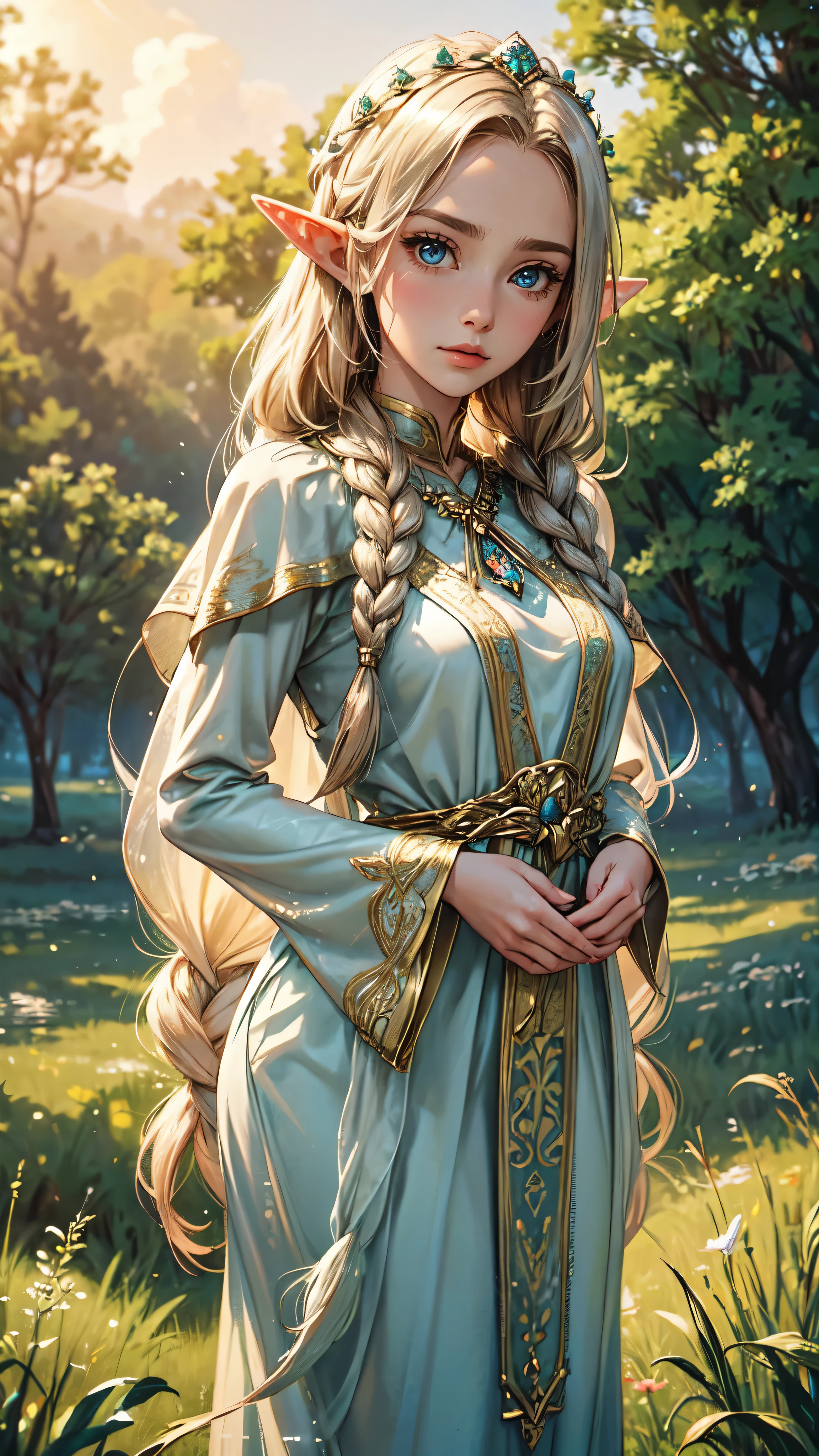 Graceful elven girl standing in meadow, Delicate face illuminated by the soft light of the setting sun. Her long, Flowing hair runs down your back, Decorated with intricate braids、Adorned with sparkling gemstones. This great photo is、、、It captures the ethereal beauty of elves. Slender figure in silk dress、Swaying in the soft steppe breeze. Attention to detail、Face that is、Face that is、Face that is、It is evident in the intricate patterns of the dress and the subtle highlights of the luminescence. skin. The breathtaking portrayal of the elven girl is、、、、Create an enchanting atmosphere、It invites the viewer to a magical world.xy pose,detailed face, detailed eyes, detailed hands, elf woman,wet, mil all over her SeaArt Bot Upsc