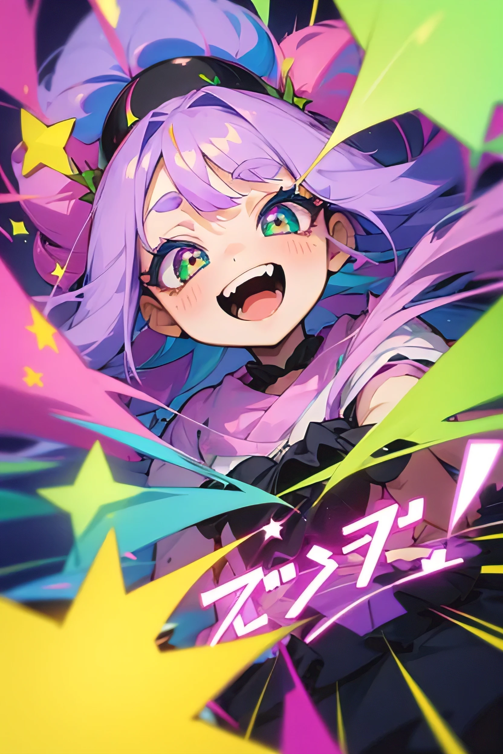 Girl, fluffy hair, purple hair, pink and green, long hair, big eyes, long eyelashes, small side ponytail, colorful green eyes, round eyes, stars in the eyes, open mouth, jagged teeth, joy, pop, cute, Colorful, happy pose, dynamic, pastel, (colorful:1), (sketch:0.3), (hyper pop:1), Jirai Kei, (realistic:1.3)